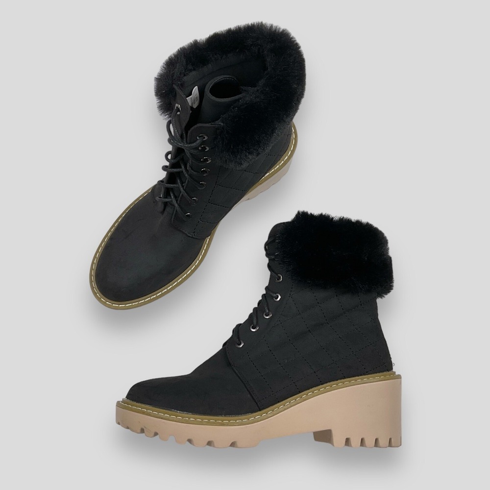 Nicole Miller New York Boots Women 9 Black Faux Fur Lace Up Quilted Chunky NWOT
